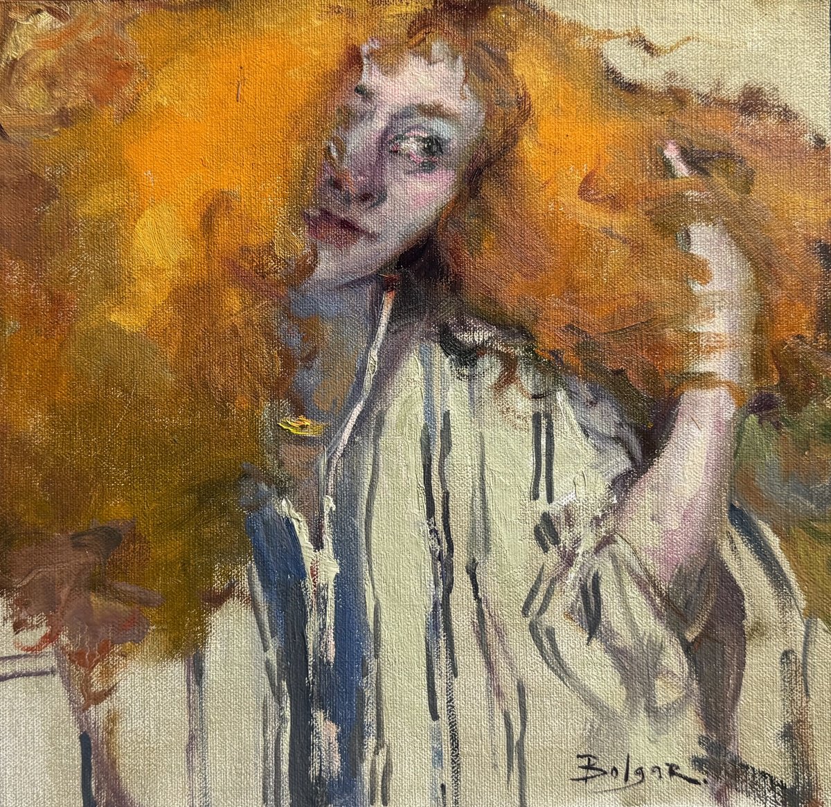 Portrait Oil Painting By Olga Bolgar, 13 X 13", Flaming Locks, Original Artwork