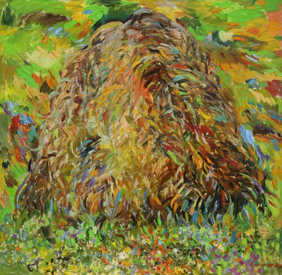 HAYSTACK. EARLY MORNING -  XL large landscape art, original oil painting, village countryside summer art green brown nature impressionism art office interior home decore 150x150 cm