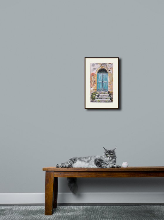 A cat at an old turquoise door