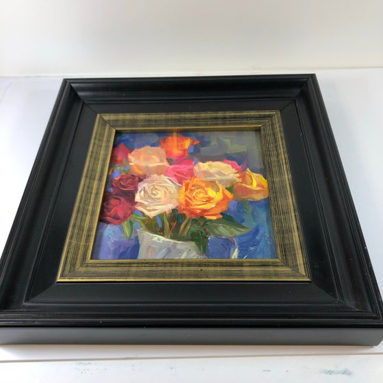 Colorful Roses Painting Vivid Flowers Original Still Life Oil On Board Impressionism Artwork Floral Wall Art Roses Kitchen Art 10 By 10 Oil Painting By Emiliya Lane Artfinder