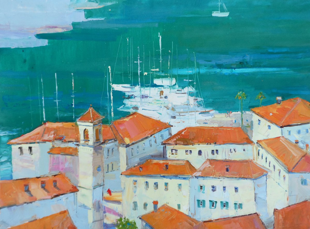 Impressionistic Landscape Oil Painting By Yehor Dulin, 31 X 24", " Red Roofs Of Montenegro ", Original Artwork