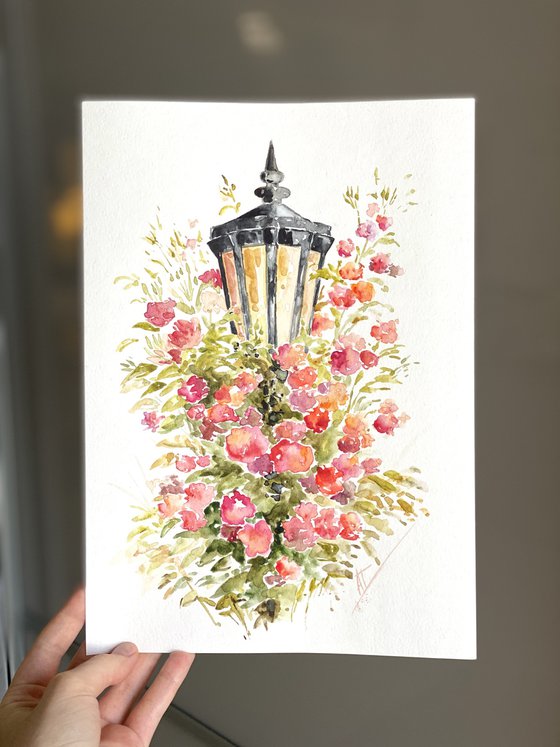 Watercolor street lamp with red and pink roses original painting