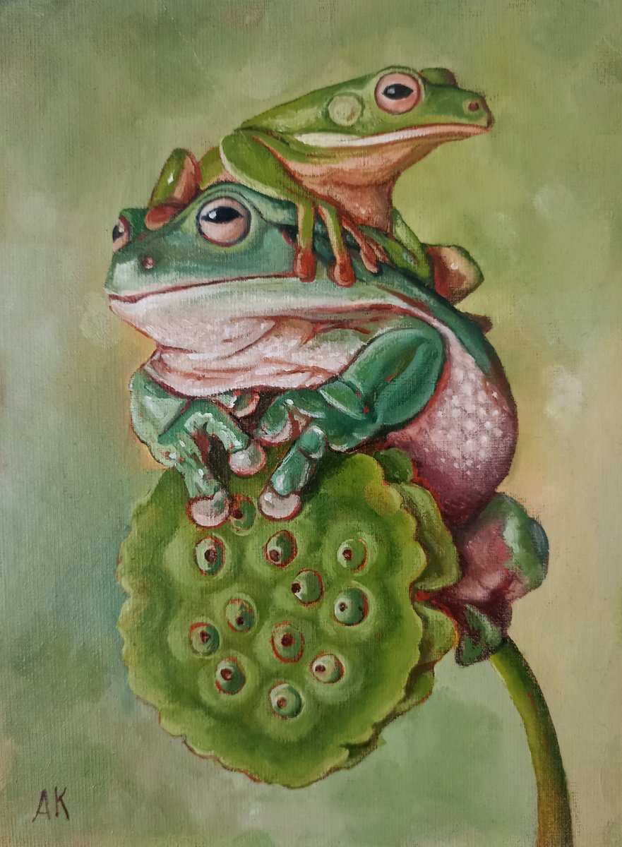 Photorealistic Oil Painting , Go Green! Frogs Art By Alfia Koral, 7 X 9, Artwork For Sale On Artfinder