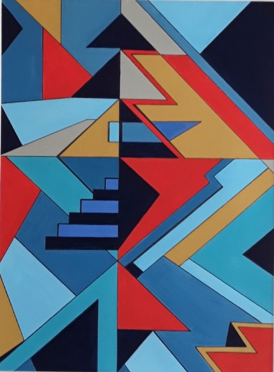 Geometric Abstract Painting By Paul Heron, 17 X 21", Jagged Edge., Original Artwork