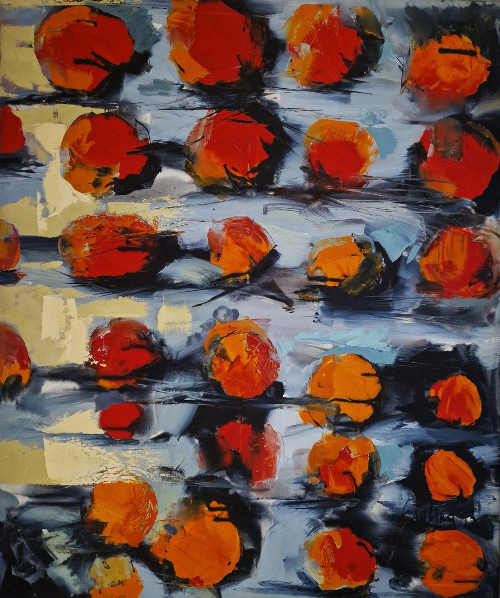 Organic Abstract Oil Painting By Yelena Ralina, 39 X 47", Persimmon, Original Artwork