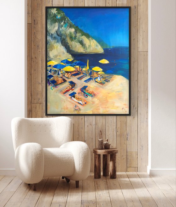 Umbrellas in the Sun in the Blue Bay