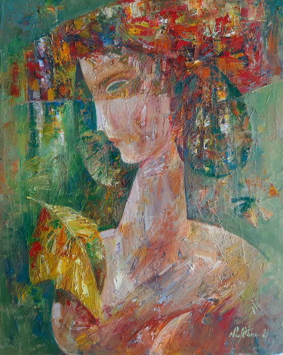 Woman with hat (40x50cm, oil/canvas, abstract portrait)