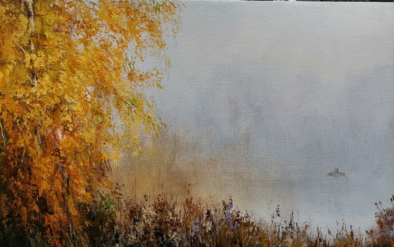 Morning mist in autumn amber.