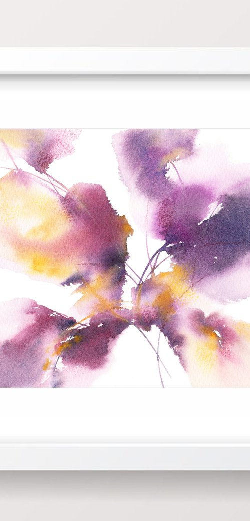 Mini painting with purple abstract flowers by Olga Grigo