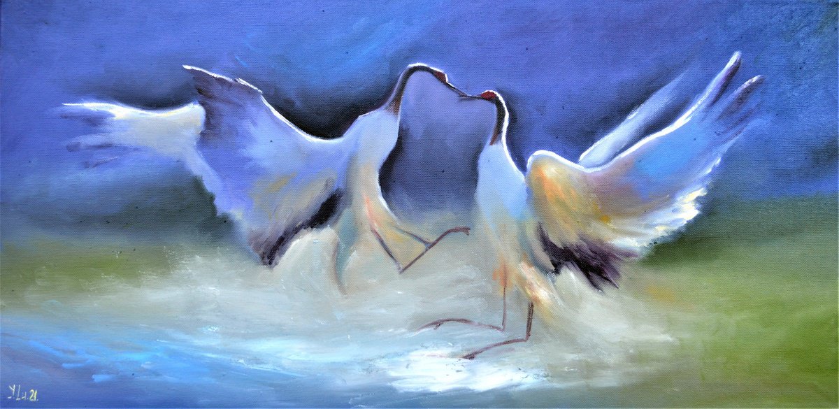Impressionistic Animal Oil Painting By Elena Lukina, 31 X 16, Crane Kiss, Original Artwork