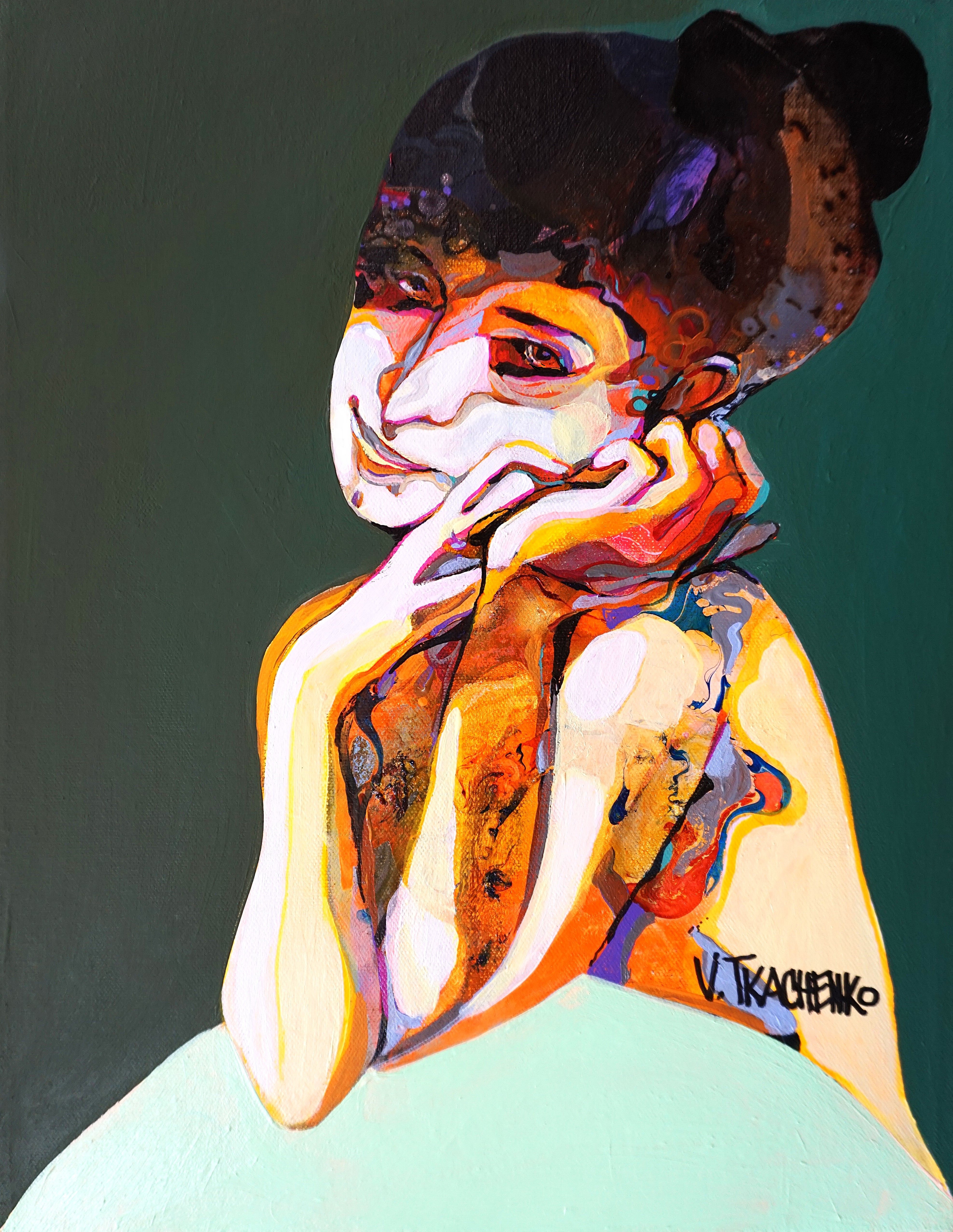 Organic Portrait Acrylic Painting By Victor Tkachenko, 11 X 14", Quiet Listener, Original Artwork