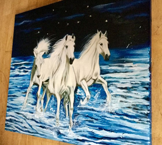 White horses running on the waves. Starry night.