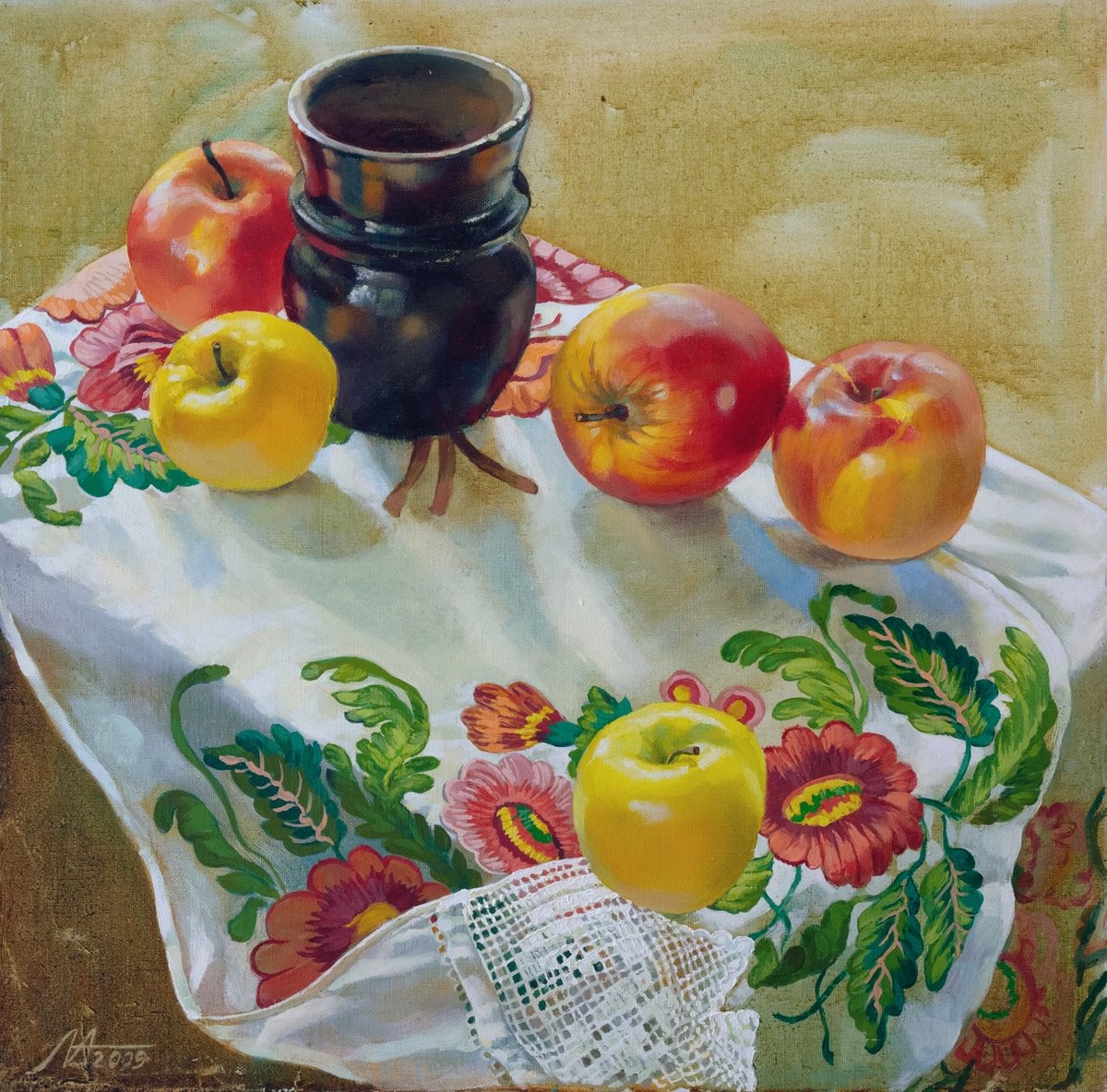 Photorealistic Still Life Oil Painting By Alona Lesnichenko, 22 X 22, Apples, Original Artwork