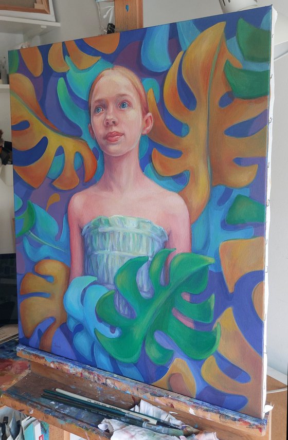 Girl in monstera forest