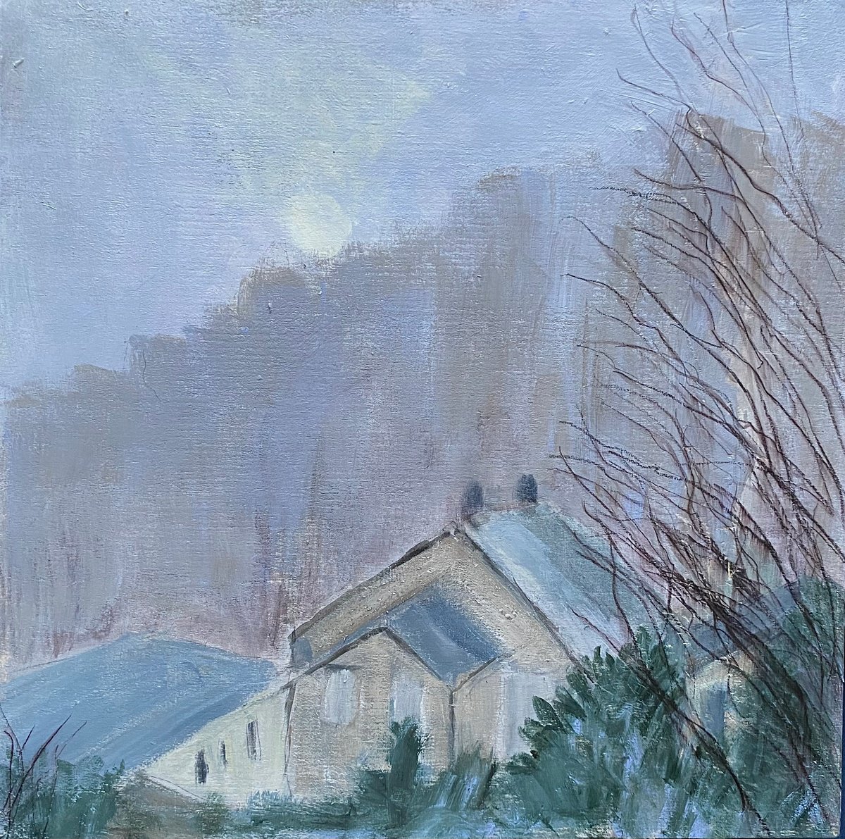 Impressionistic Landscape Painting By Nikki Wheeler, 12 X 12", Deep Winter Cottages, Original Artwork