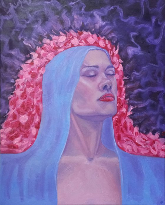 Peace and tranquility. Oil on canvas. Woman oil portrait. 19.7x15.7x0.6 in/  50x40x1.5 cm