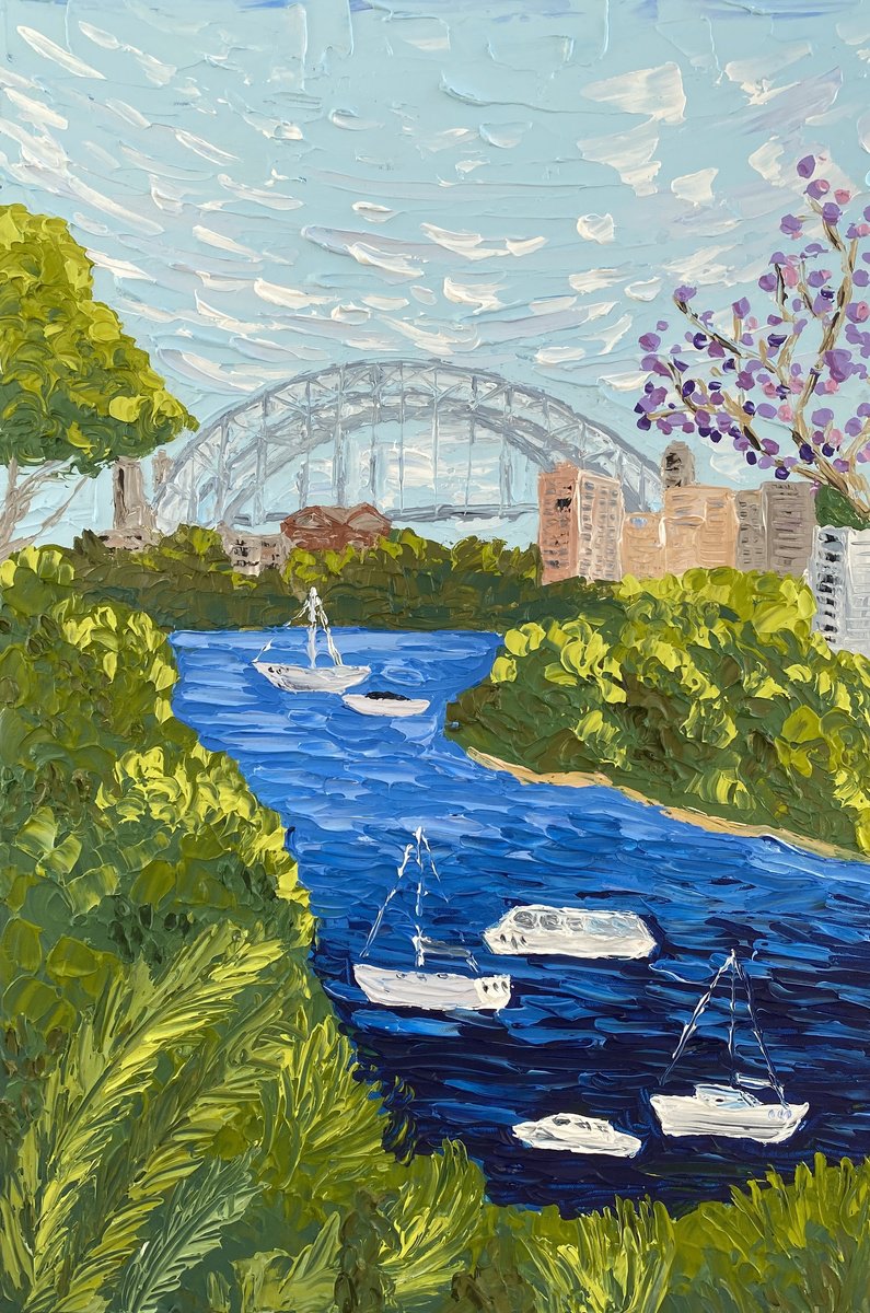 Impressionistic Landscape Acrylic Painting By Guzaliya Xavier, 20 X 30, Harbour Bridge From Cremorne, Original Artwork