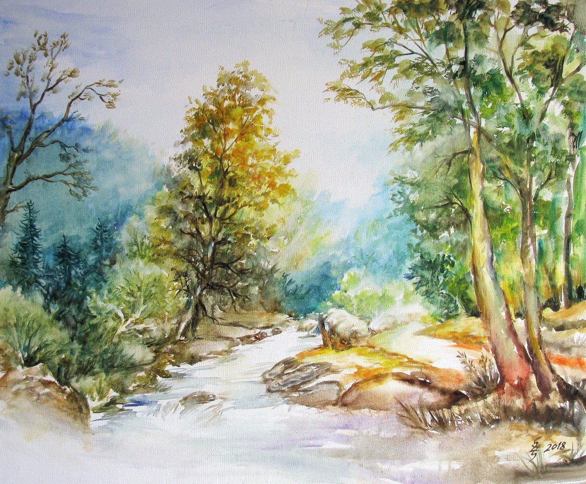 Impressionistic Landscape Watercolour By Szekelyhidi Zsolt, 24 X 20", Forest Stream No. 3, Original Artwork