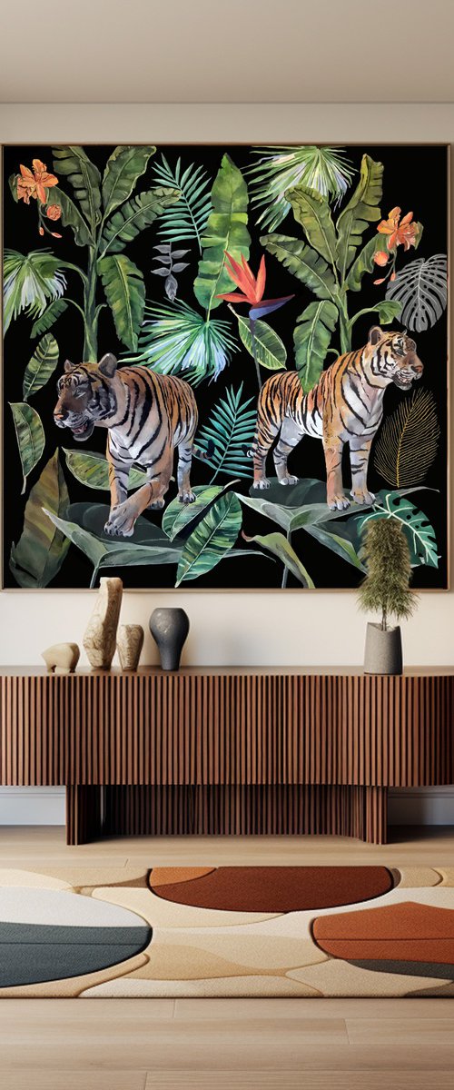 Jungle Heart Beat  - Two Tigers - Art-Deco - Organic Floral, XL LARGE PAINTING by Artemisia