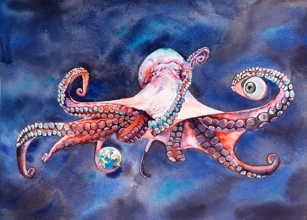 Surrealistic Animal Watercolour By Kateryna Somyk, 12 X 9", Octopus, Original Artwork