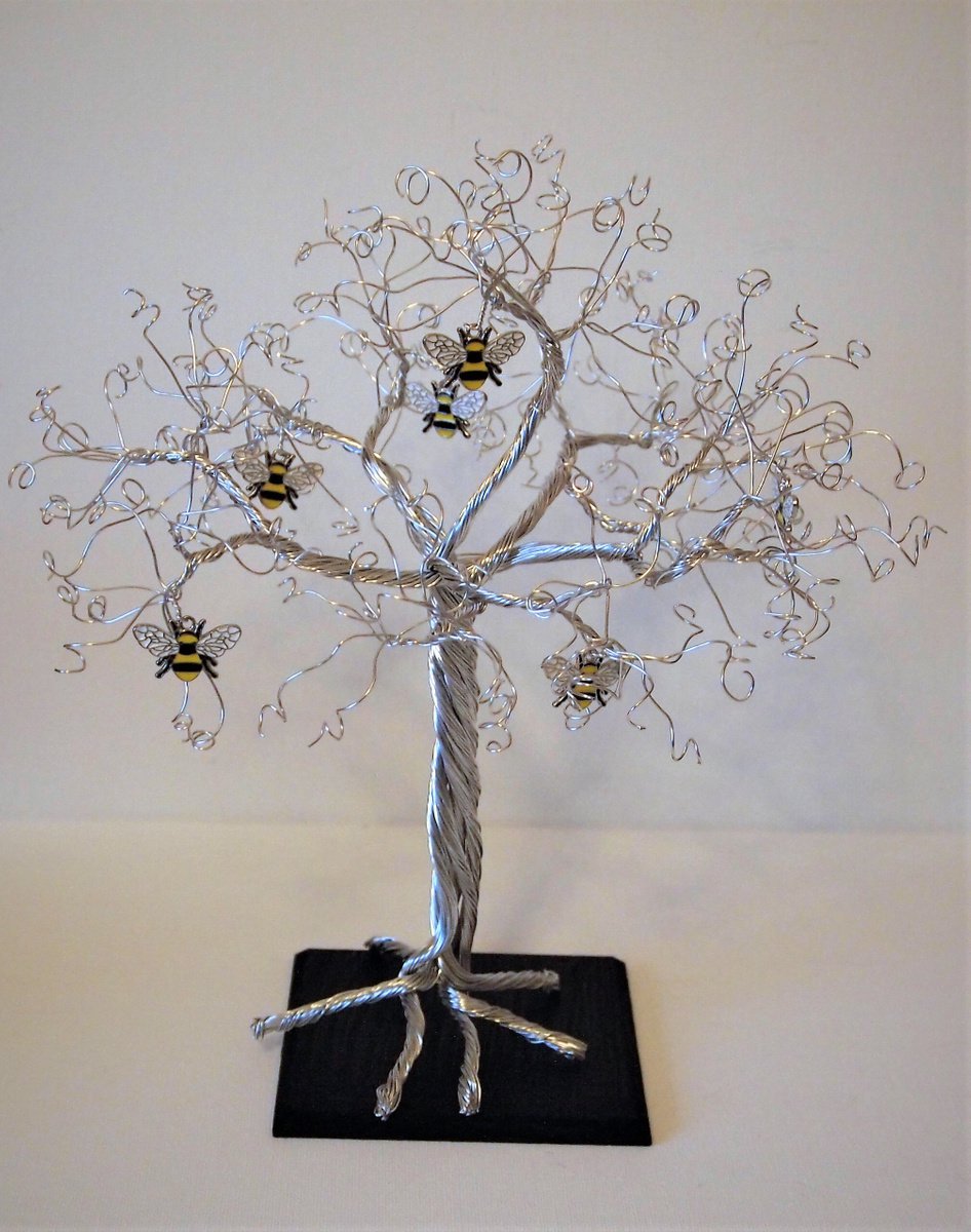Silver wire tree sculpture with Enamelled Bumblebees by Steph Morgan