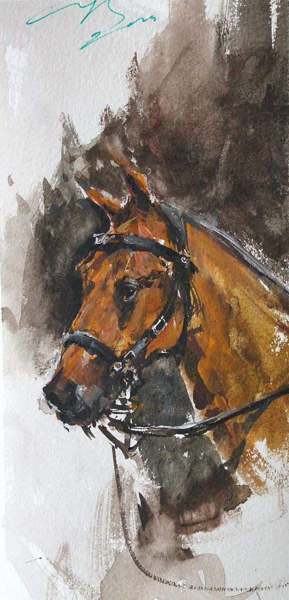 Impressionistic Animal Watercolour By Maximo Damico, 5 X 11", Head Horse V, Original Artwork