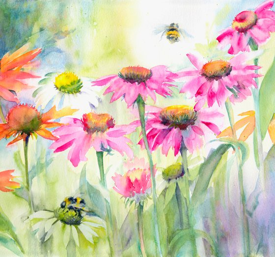 Bees & Echinaceas, Original watercolour painting