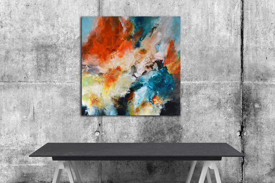 Reborn beauty - Original red, blue and orange square abstract painting