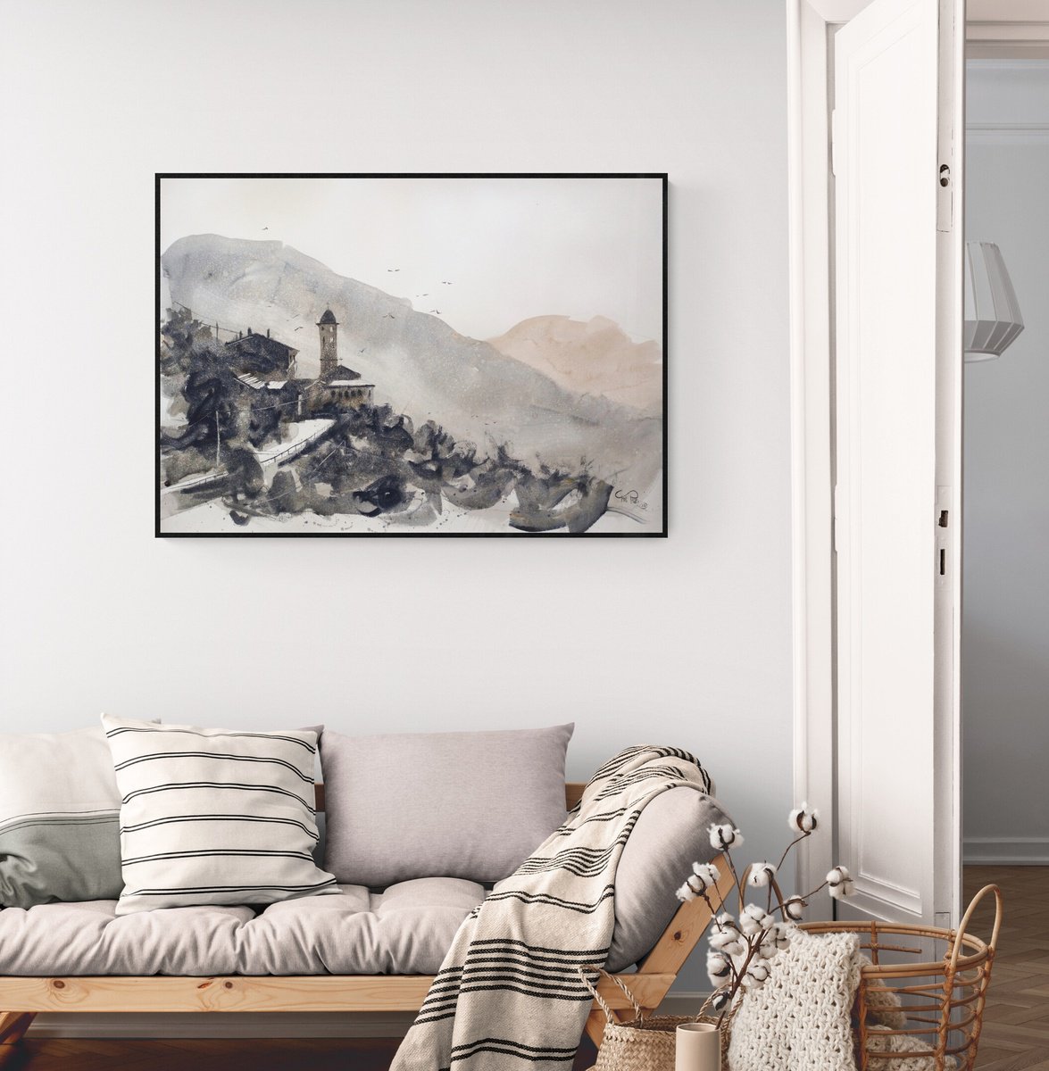 Expressive Cityscapes Watercolour By Tollo Pozzi, 40 X 28", La Sassella In Valtellina, Original Artwork