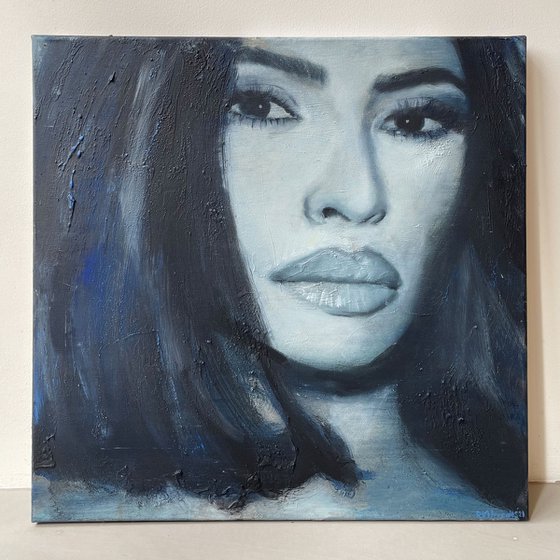 Kim kardashian | Beautiful model woman face portrait painted in oil on canvas framed painting grunge romantic black and white