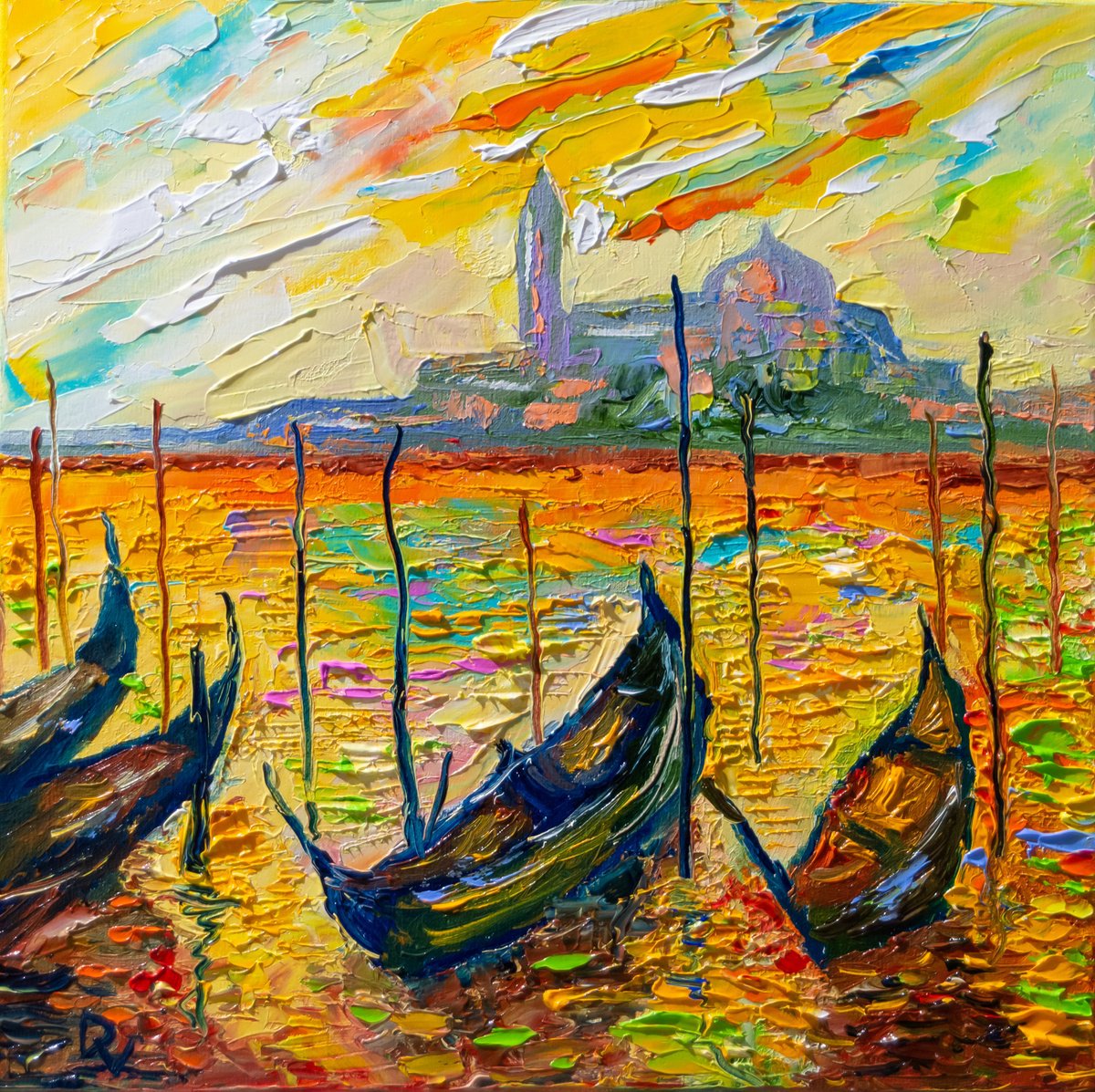 Impressionistic Cityscapes Oil Painting By Vladyslav Durniev, 12 X 12", Venetian Colors, Original Artwork