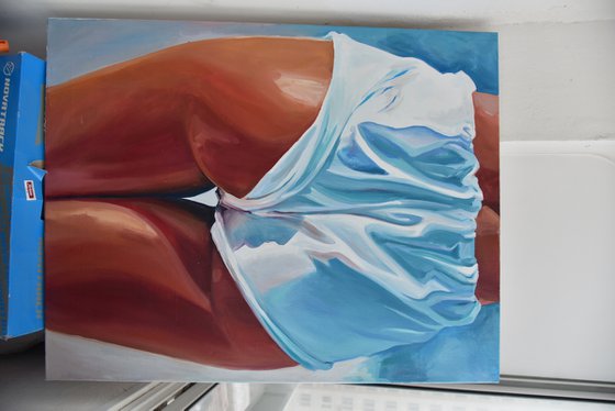 FRESH AND CLEAN - original painting sea swimming erotic art white blue shorts legs erotic art nude sexy pop art office interior home decore