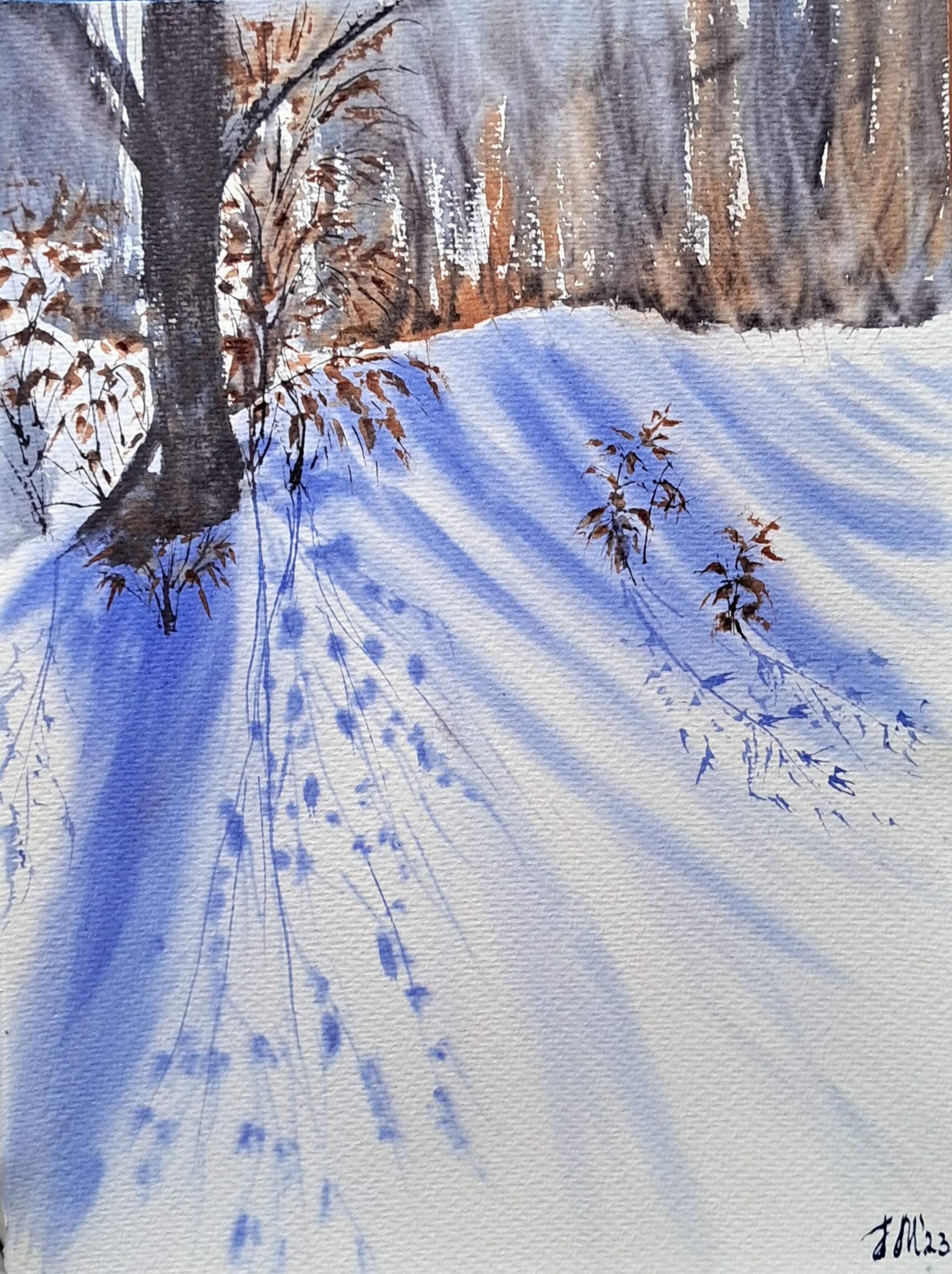 Expressive Landscape Watercolour By Yuliia Sharapova, 11 X 15", Blue Shadows In The Snow, Original Artwork