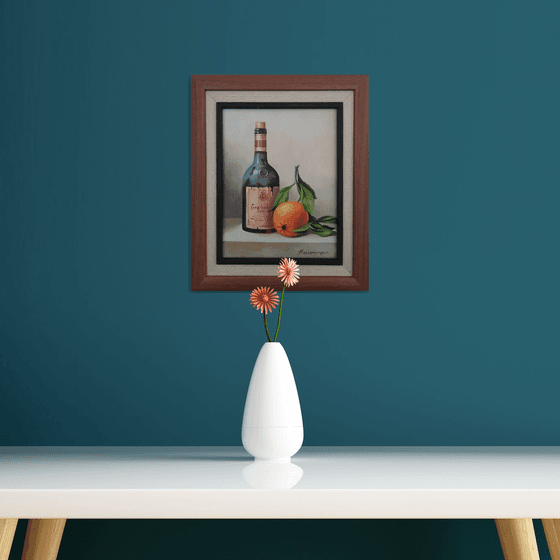 Still life with bottle and orange (24x30cm, oil painting, ready to hang, framed)