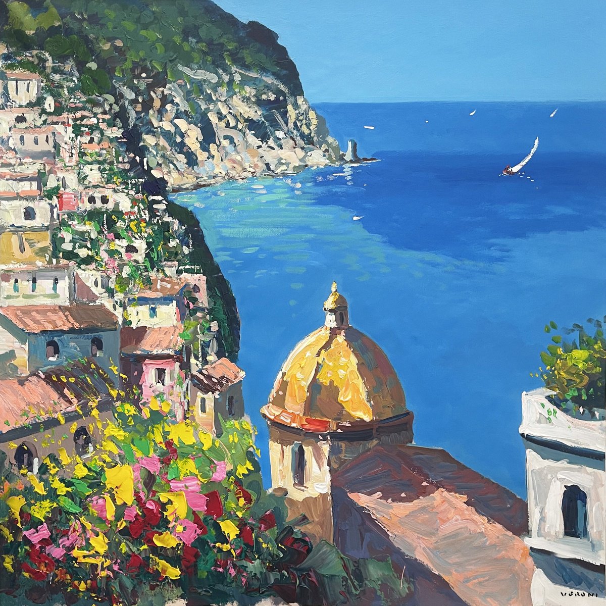 Expressive Landscape Oil Painting By Agostino Veroni, 36 X 36, Positano Oil Painting On Canvas, Original Artwork