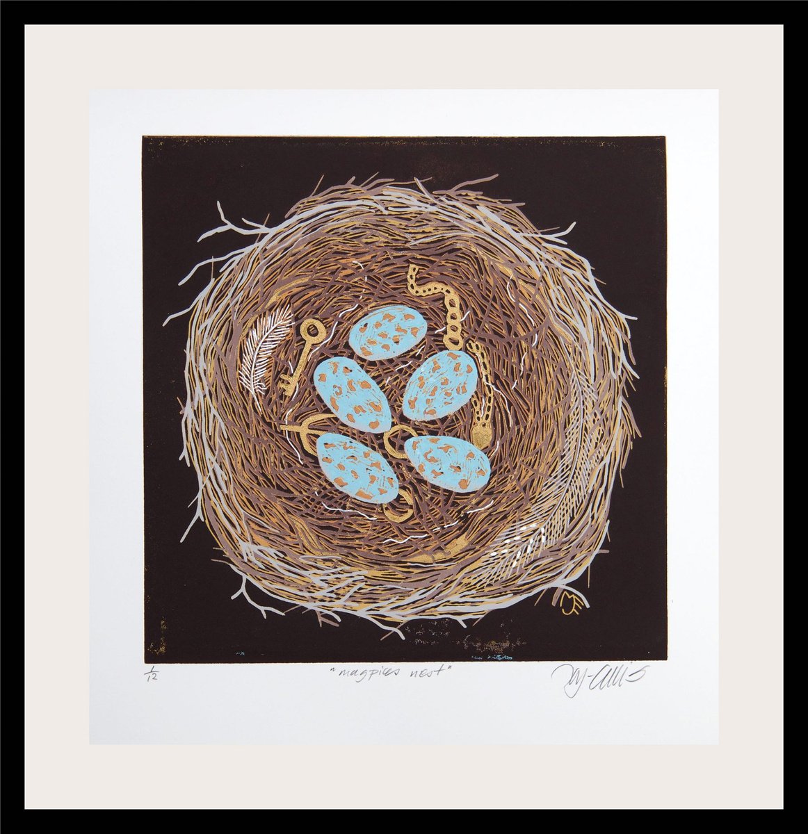 Magpies Nest, linocut reduction with gold by Mariann Johansen-Ellis