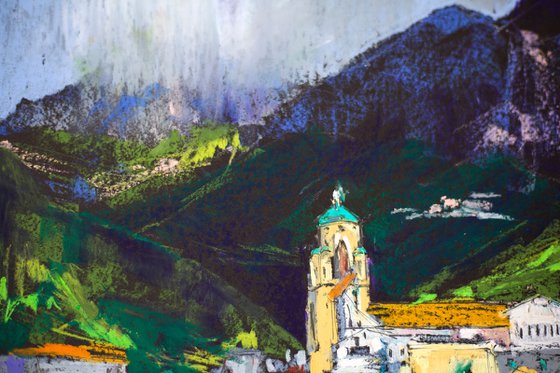 Amalfi. View from the sea. Cities of my dreams series. Medium oil pastel drawing bright colors italy