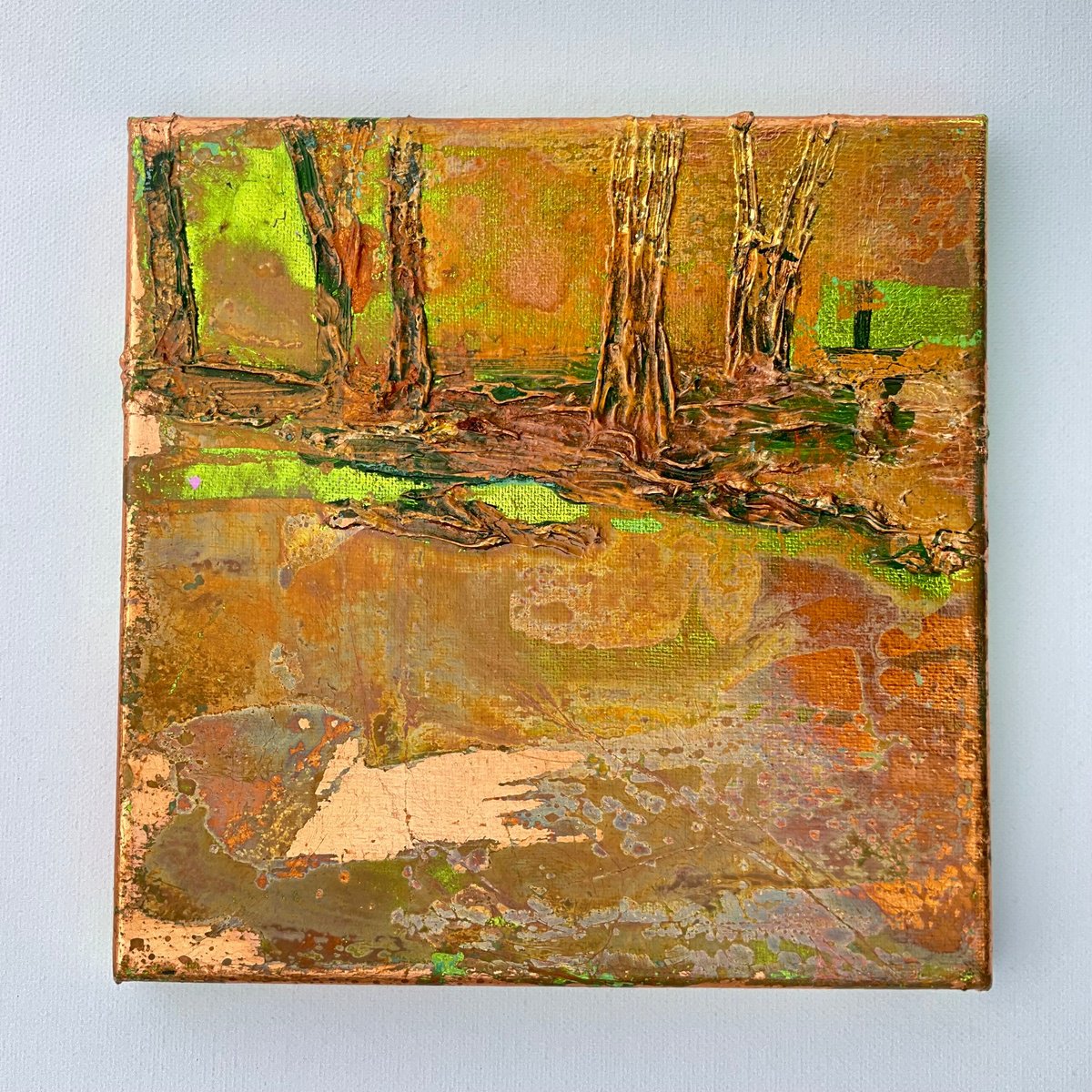 Organic Landscape Painting By Kaliya Ka, 8 X 8", Green Gold 2, Original Artwork