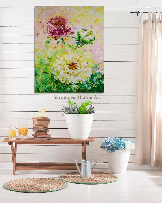 MOMENTS OF SUMMER - Beautiful abstraction. Pink peonies. Summer picture. Large flowers. Strokes. Style. Romance.