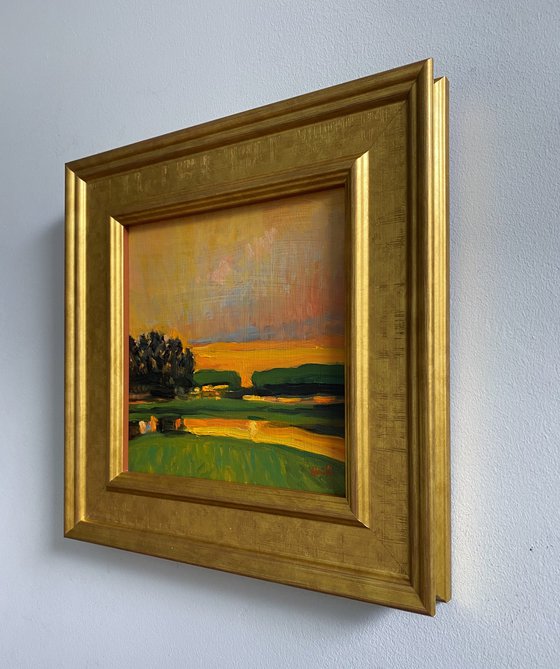 Original Impressionist oil painting-Green Landscape, Sunset. Framed