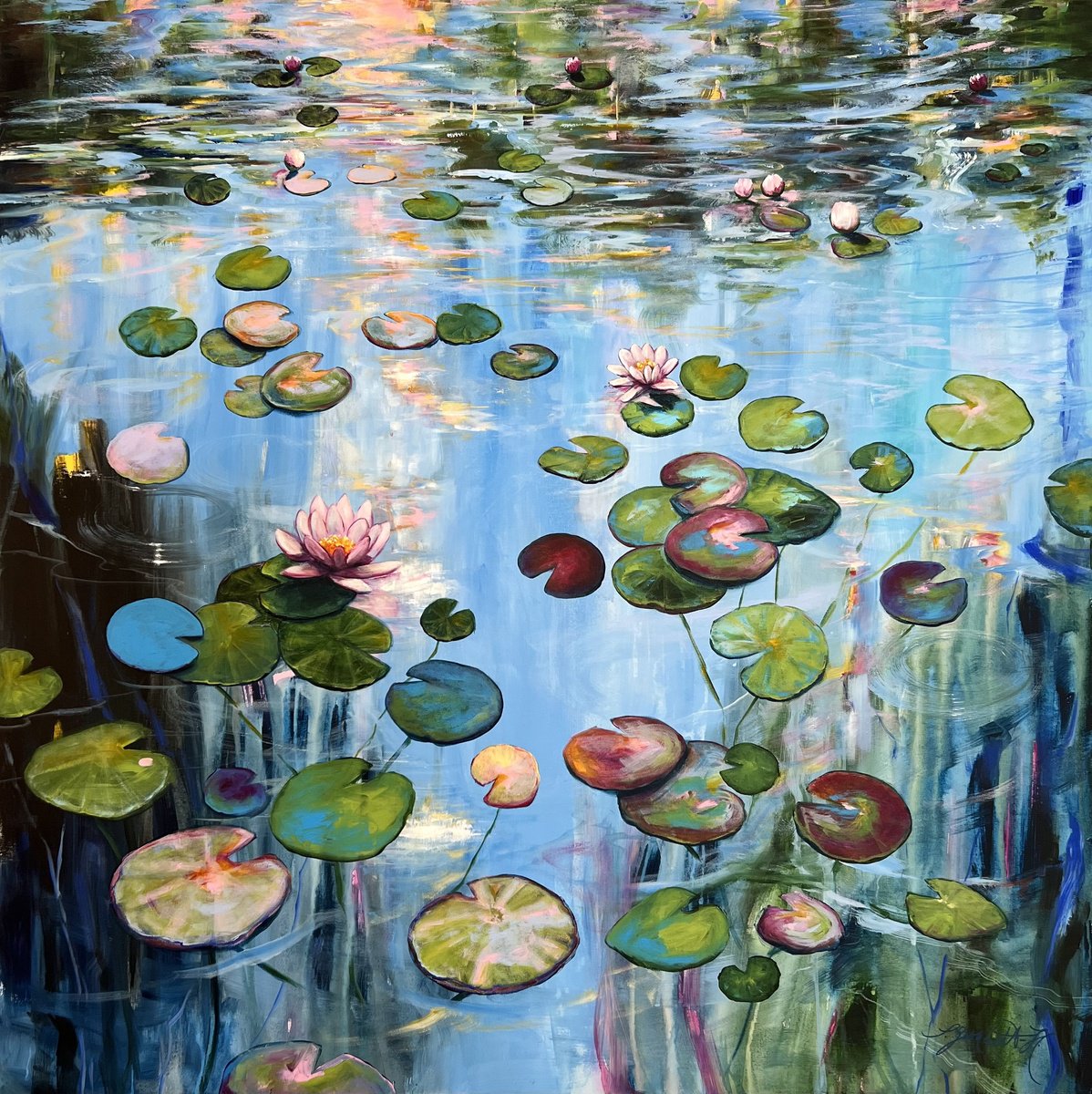 Impressionistic Botanical Acrylic Painting By Sandra Gebhardt-Hoepfner, 39 X 39", Floating 5, Original Artwork