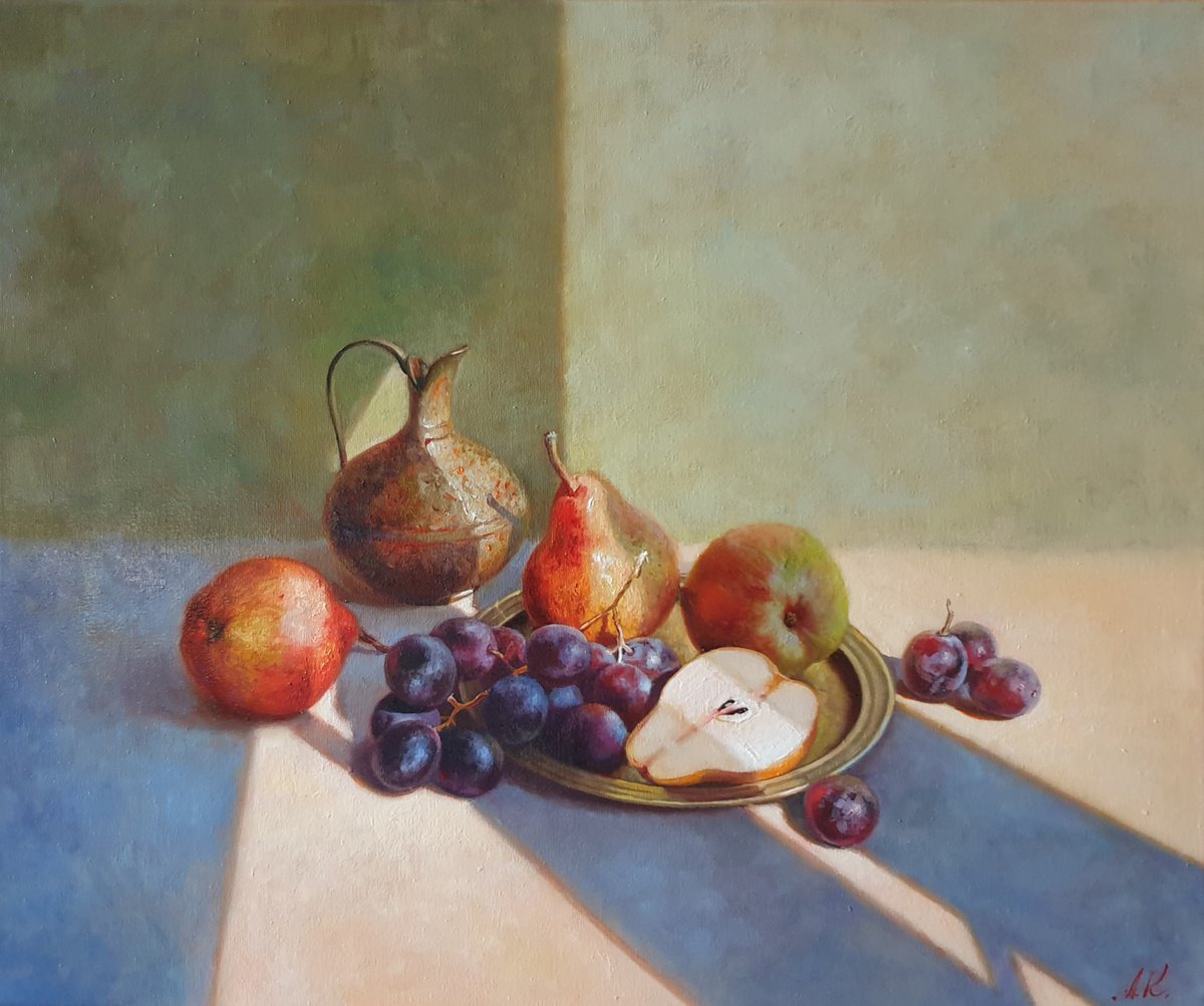 Fruits and a small brass jug. still life summer grape pear white liGHt original paintin... by Anna Kotelnik