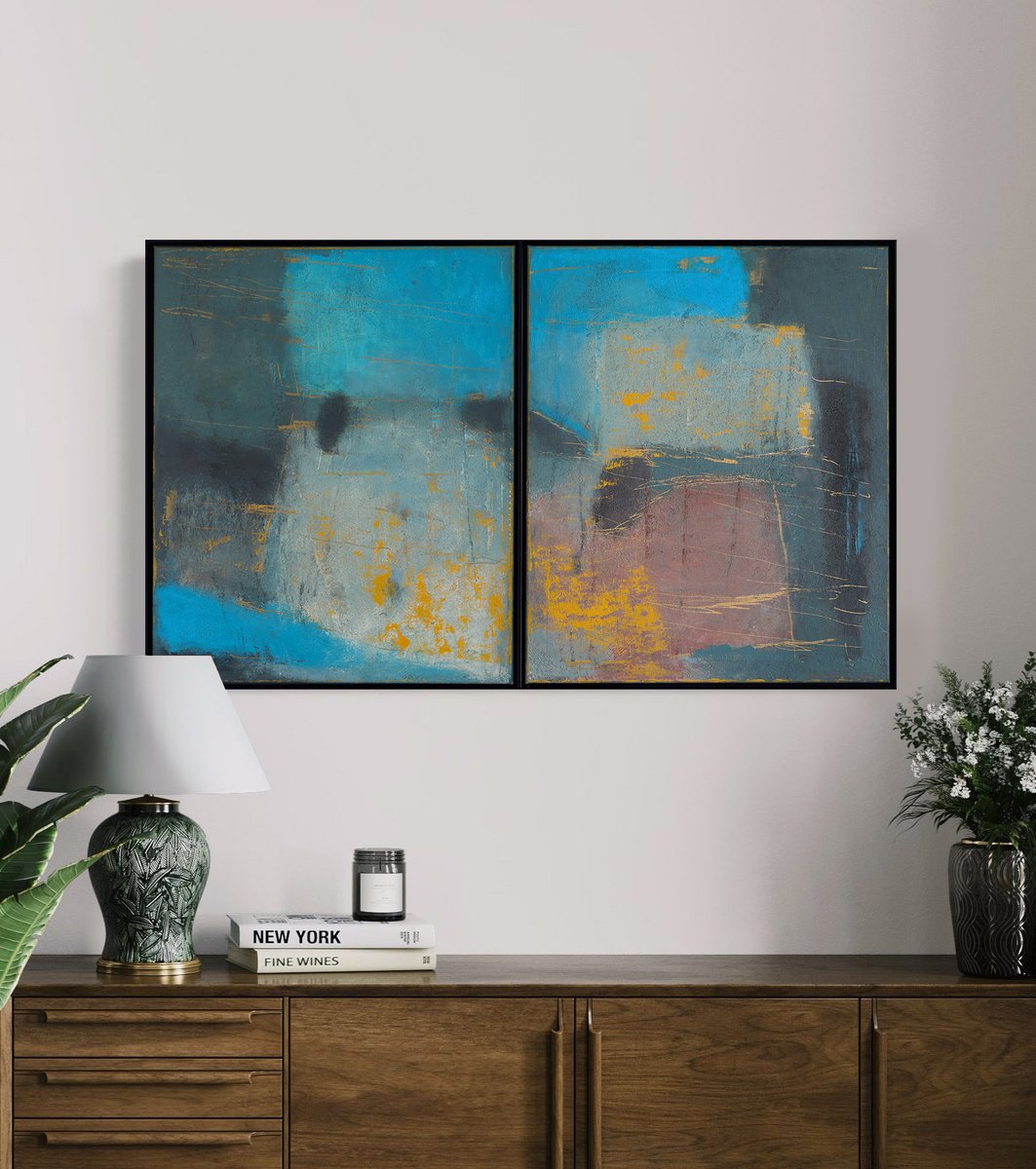 Ash-bluish Abstract Diptych by Bo Kravchenko