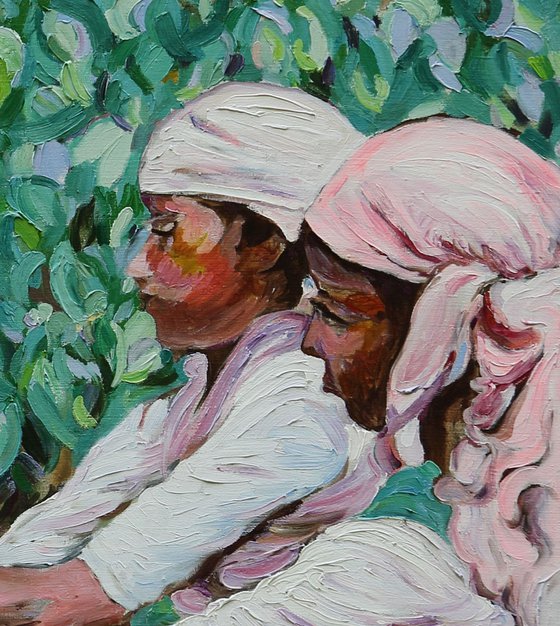 TEA PICKERS - T field - Indian Scene - Oil Painting - Large Size - Figurative - People - Oriental