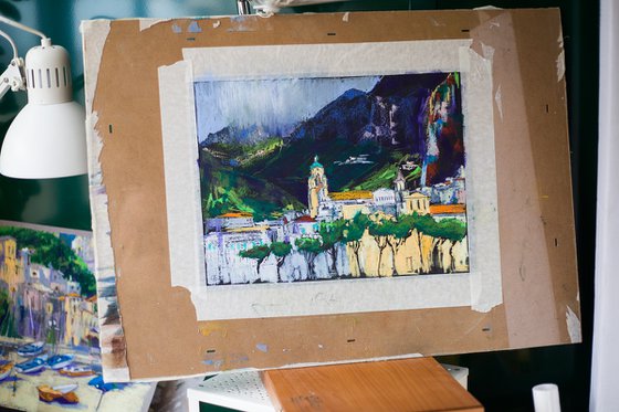 Amalfi. View from the sea. Cities of my dreams series. Medium oil pastel drawing bright colors italy