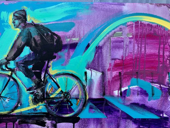 Purple horizontal painting - "Summer breeze" - Urban Art - Pop Art - Bicycle - Street Art