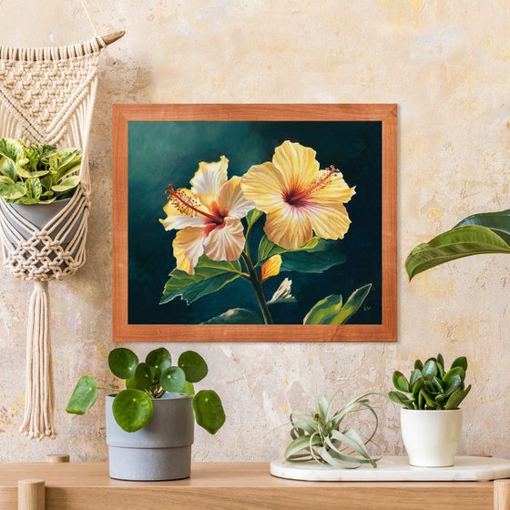 Two yellow hibiscus flowers