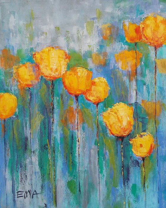 YELLOW TULIPS IN BLUE MOOD