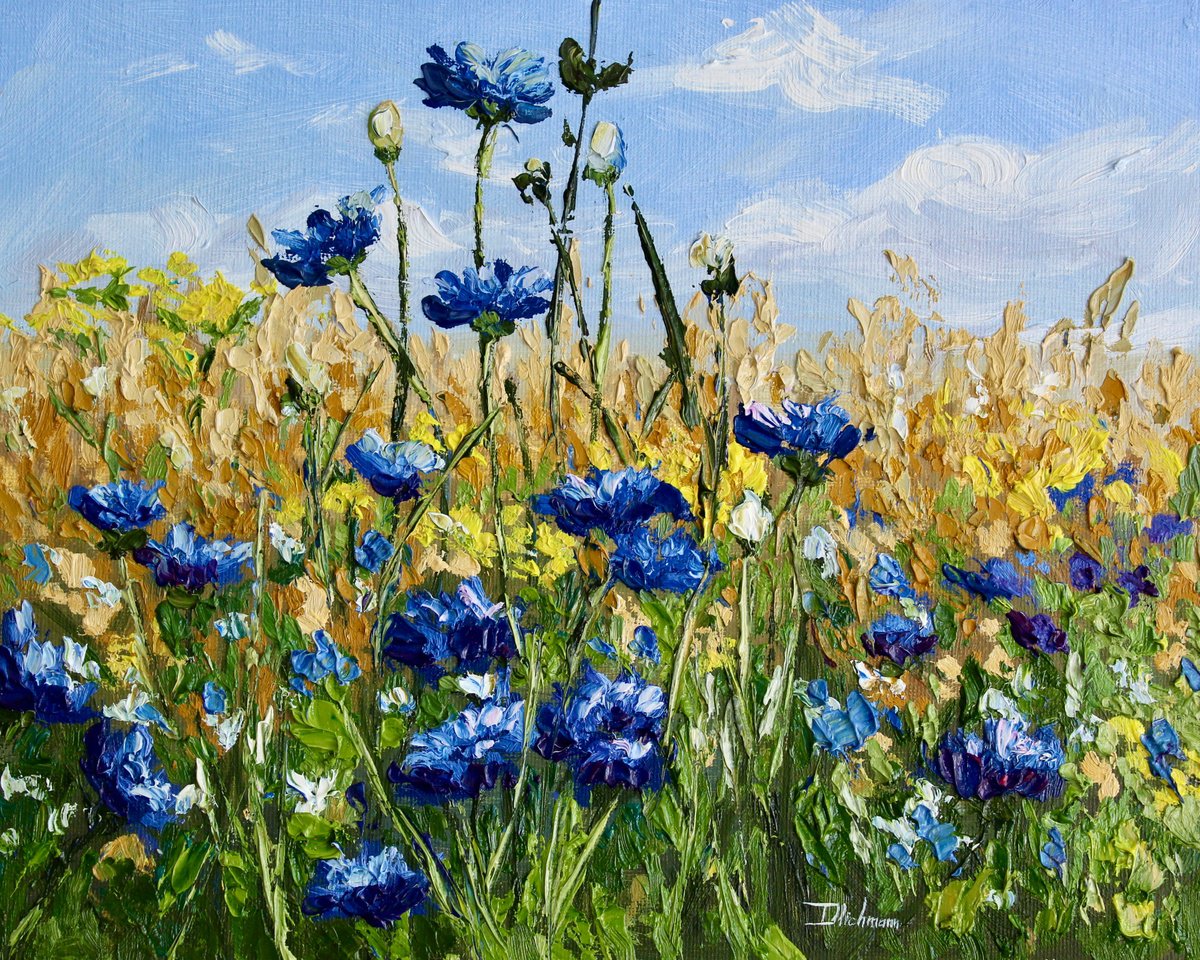 Impressionistic Botanical Oil Painting By Liza Illichmann, 12 X 9", Cornflowers, Original Artwork