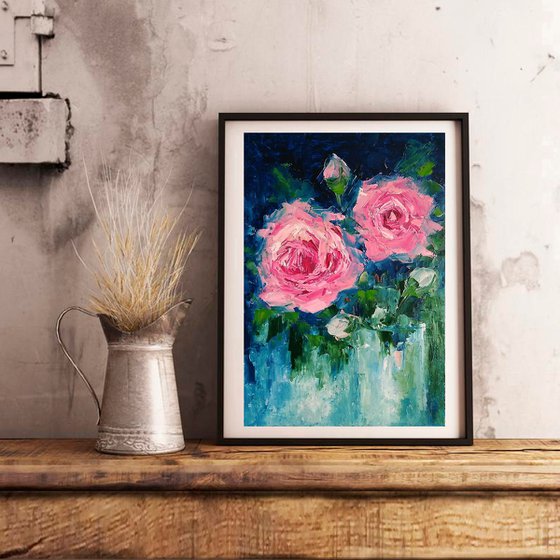 Pink Roses Painting Original Art Floral Artwork Flower Bouquet Wall Art